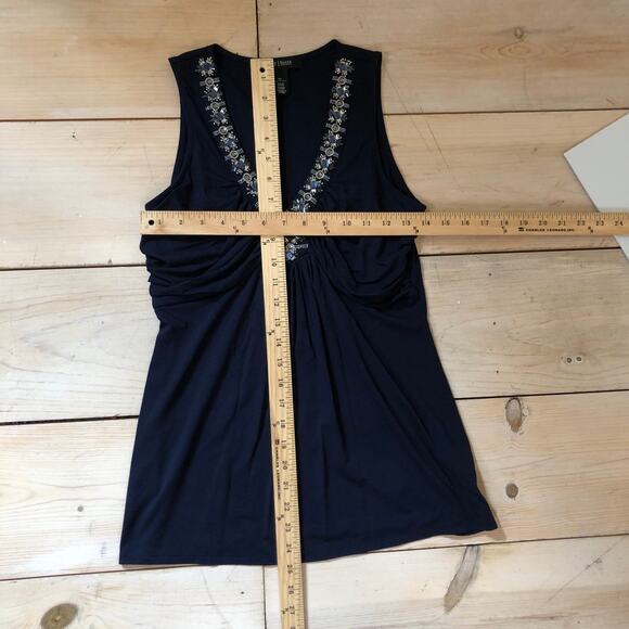 White House Black Market NWOT Womens Sleeveless Ruched Blue Tank Jeweled Neck XS - Picture 4 of 4